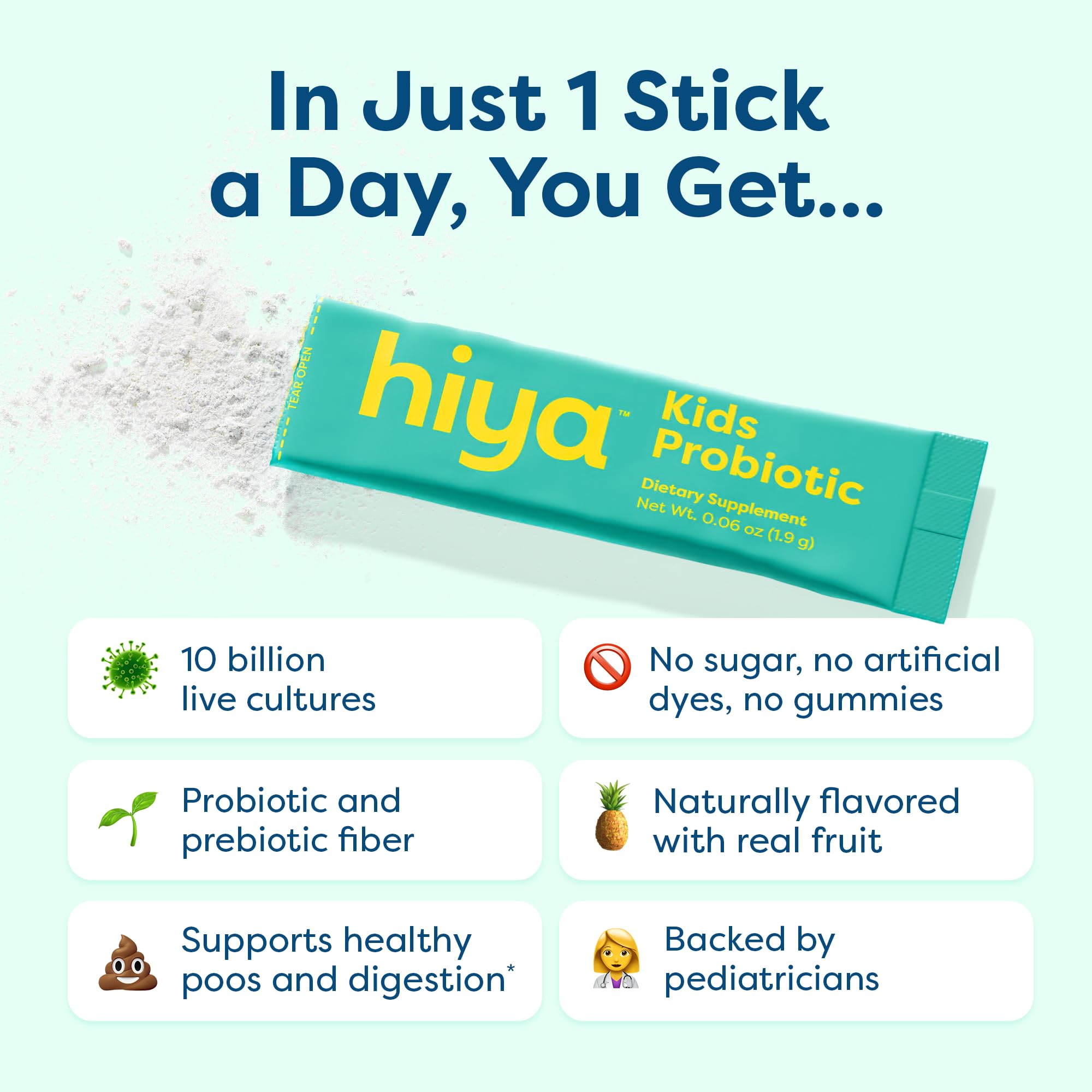 Hiya Kids Probiotic stick dispensing in hand for on-the-go use.