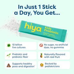 Hiya Kids Probiotic stick dispensing in hand for on-the-go use.