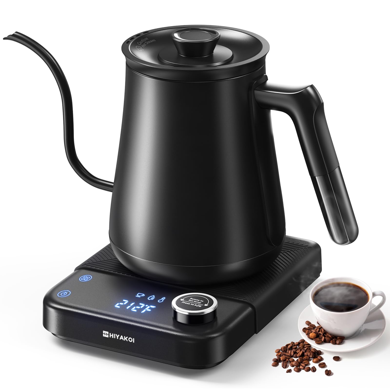 HIYAKOI gooseneck kettle with precision pour spout for consistent brews.