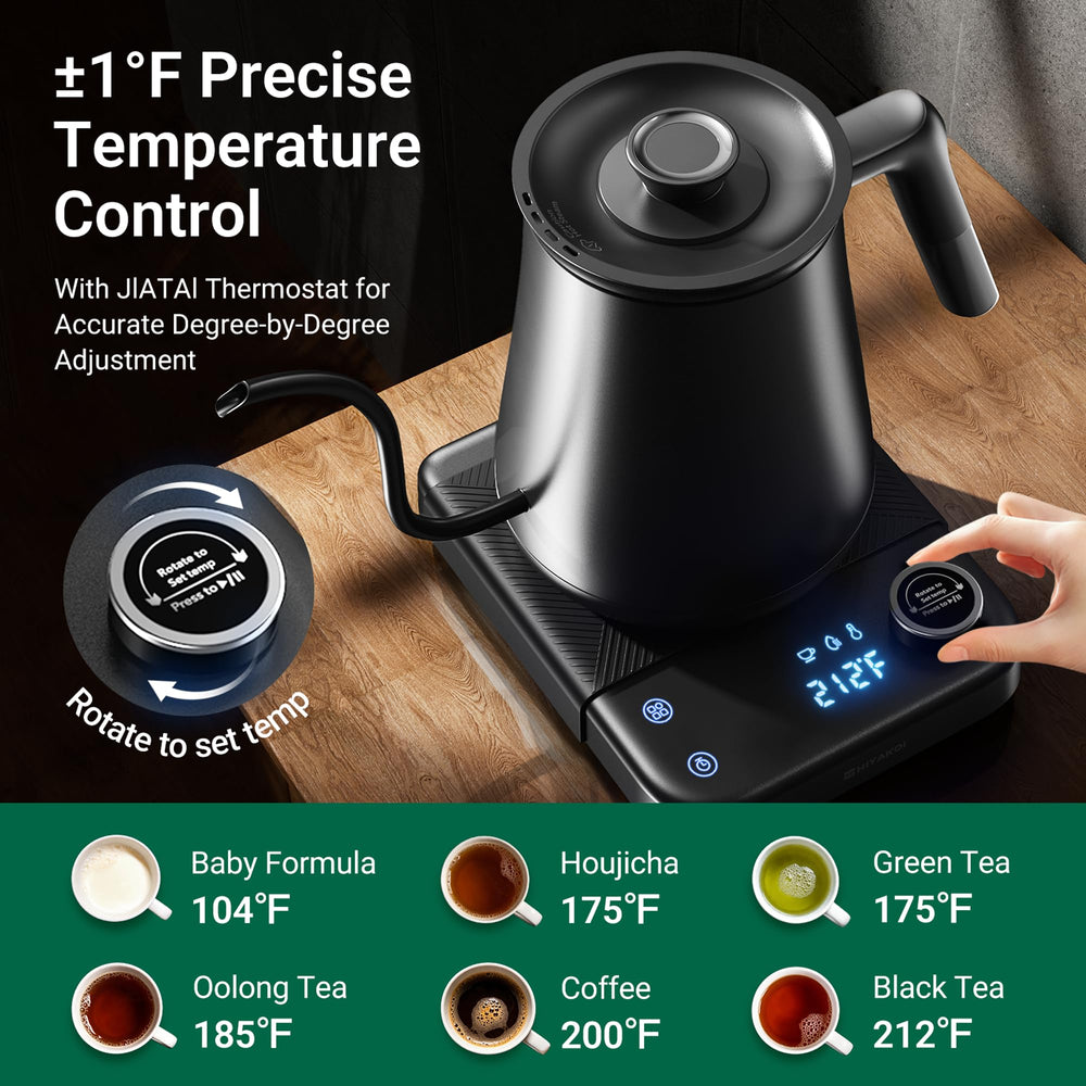 HIYAKOI kettle digital temperature display for exact ±1°F control.