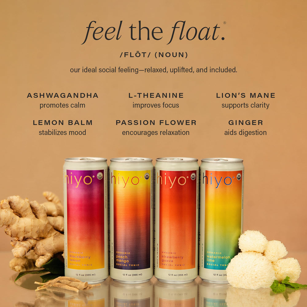 HIYO label close-up highlights organic ingredients and adaptogen blend.