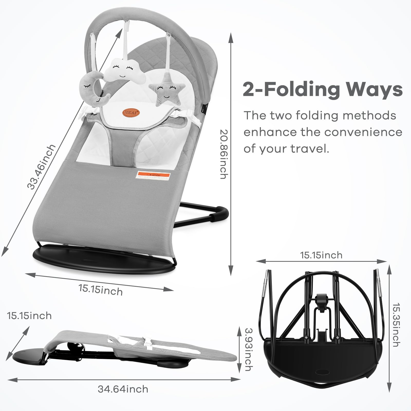 HKAI baby bouncer with 3-point harness ensures secure seating.