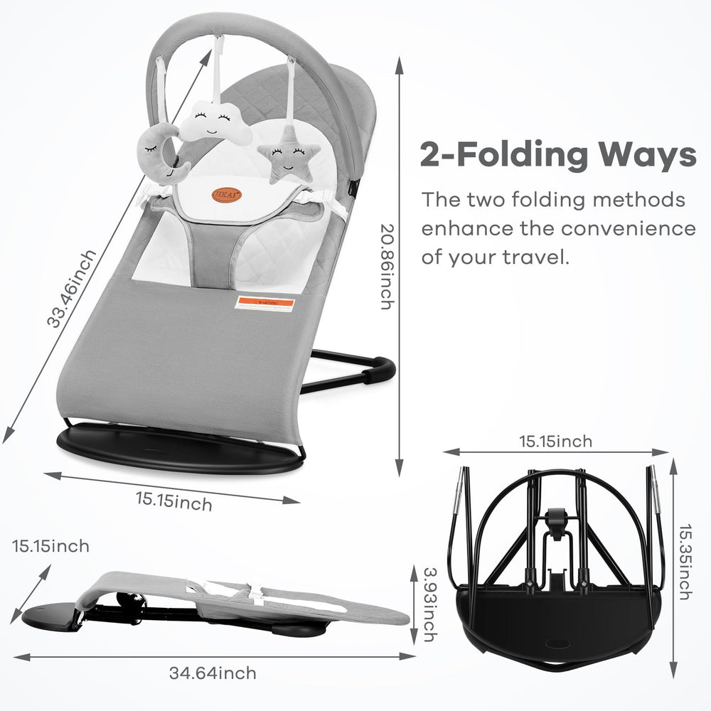 HKAI baby bouncer with 3-point harness ensures secure seating.