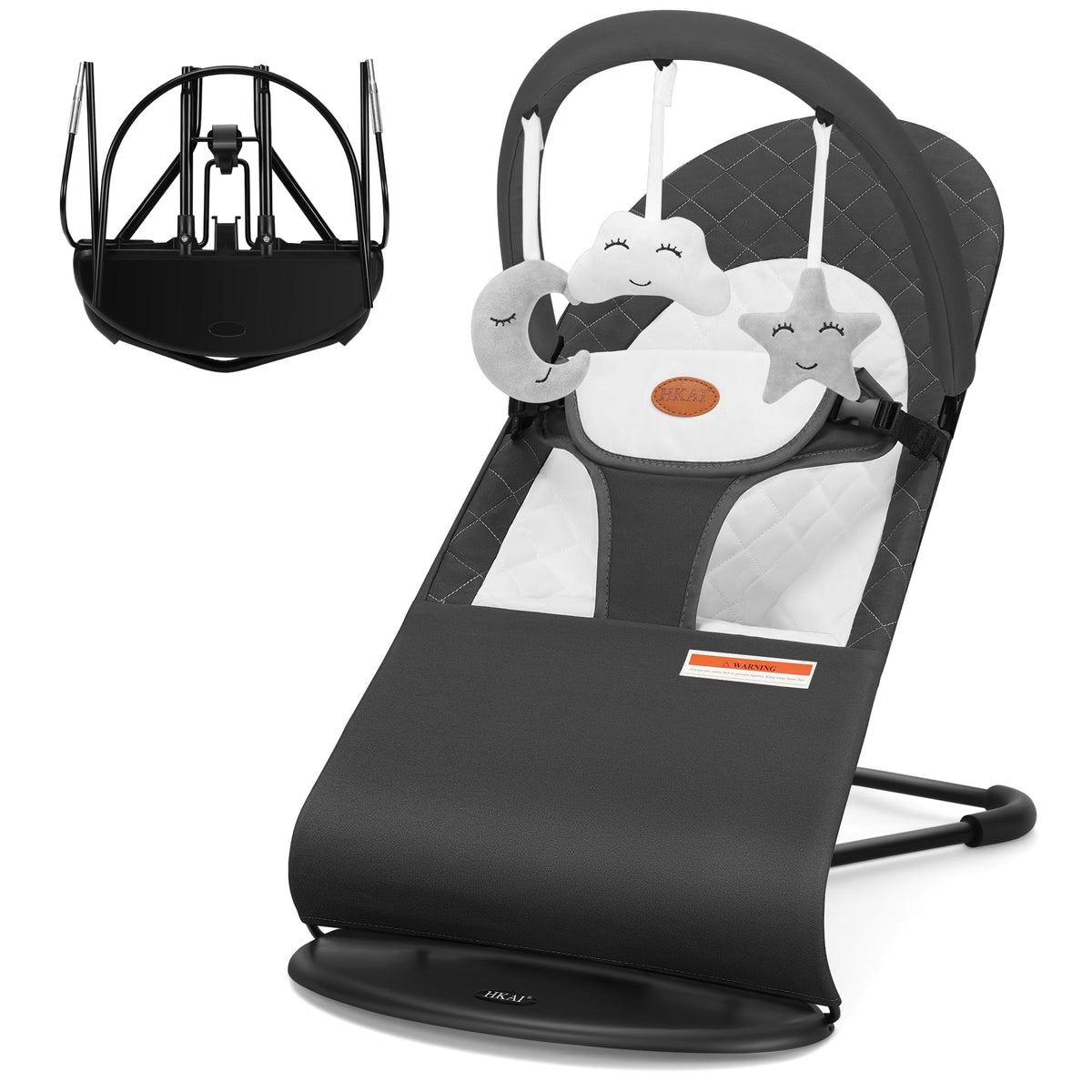 HKAI Baby Bouncer in dark grey fabric for breathable comfort.