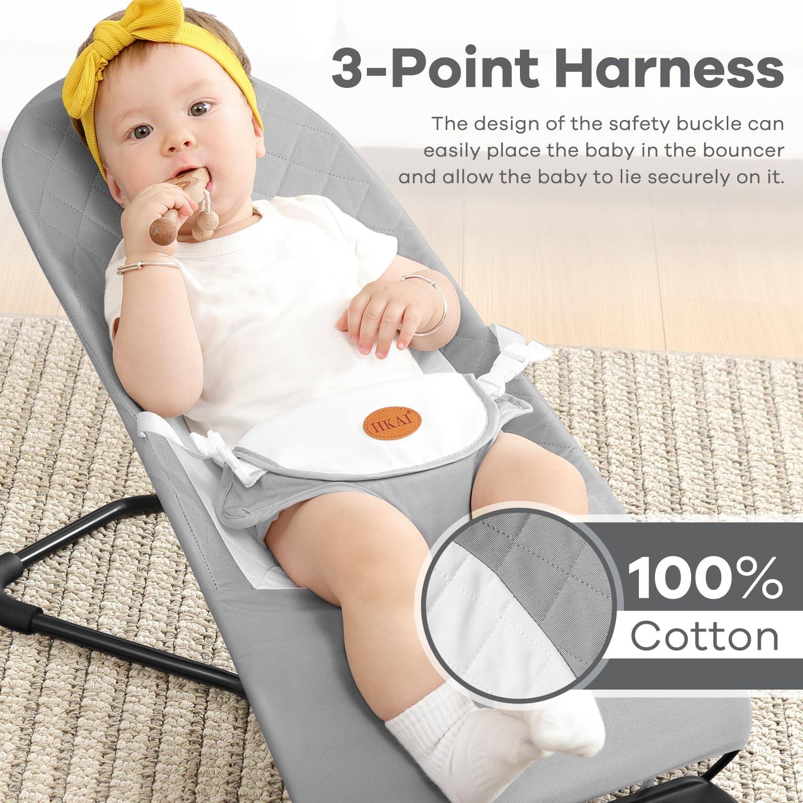 HKAI baby bouncer hanging toys provide gentle sensory engagement.