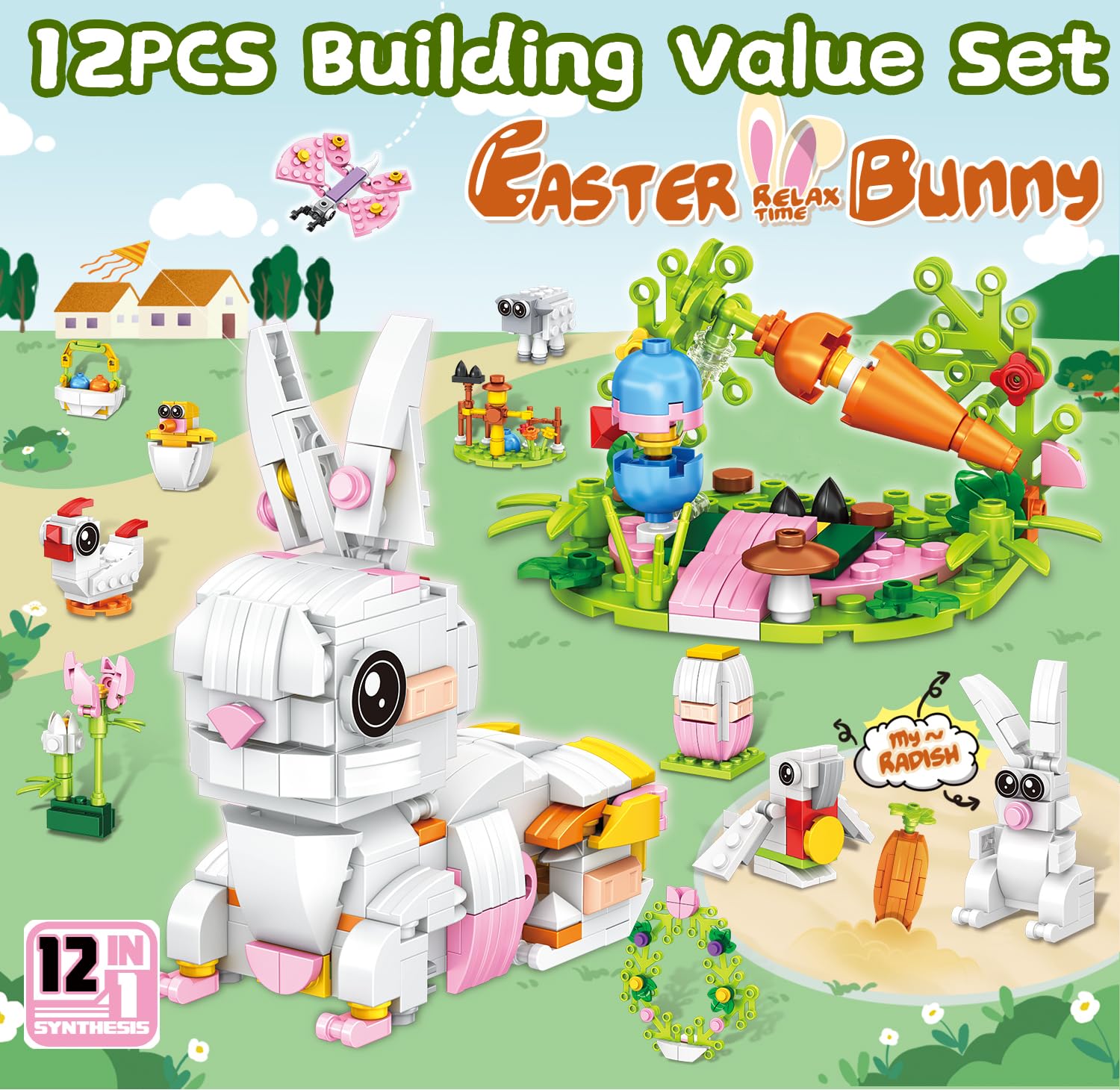 HLXGFCAI large Easter bunny garden scene as display piece after building.