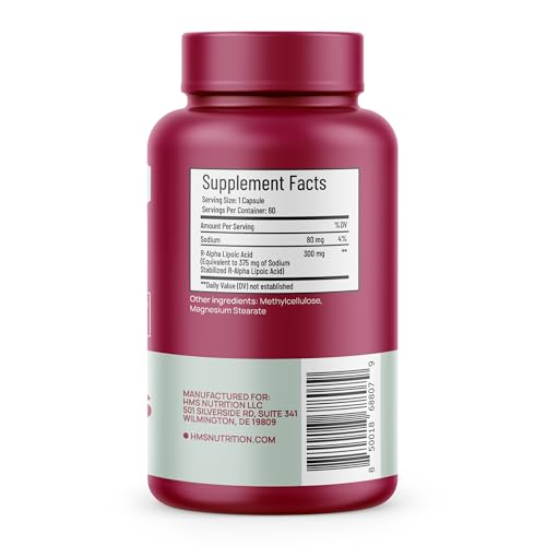 Product label of HMS Stabilized R-Lipoic Acid emphasizing purity and R-ALA content