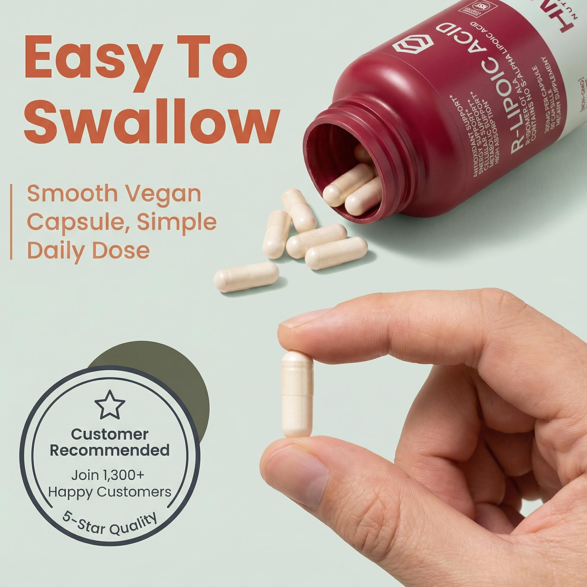 Vegan-friendly icon on HMS bottle reflecting plant-based, non-GMO formulation