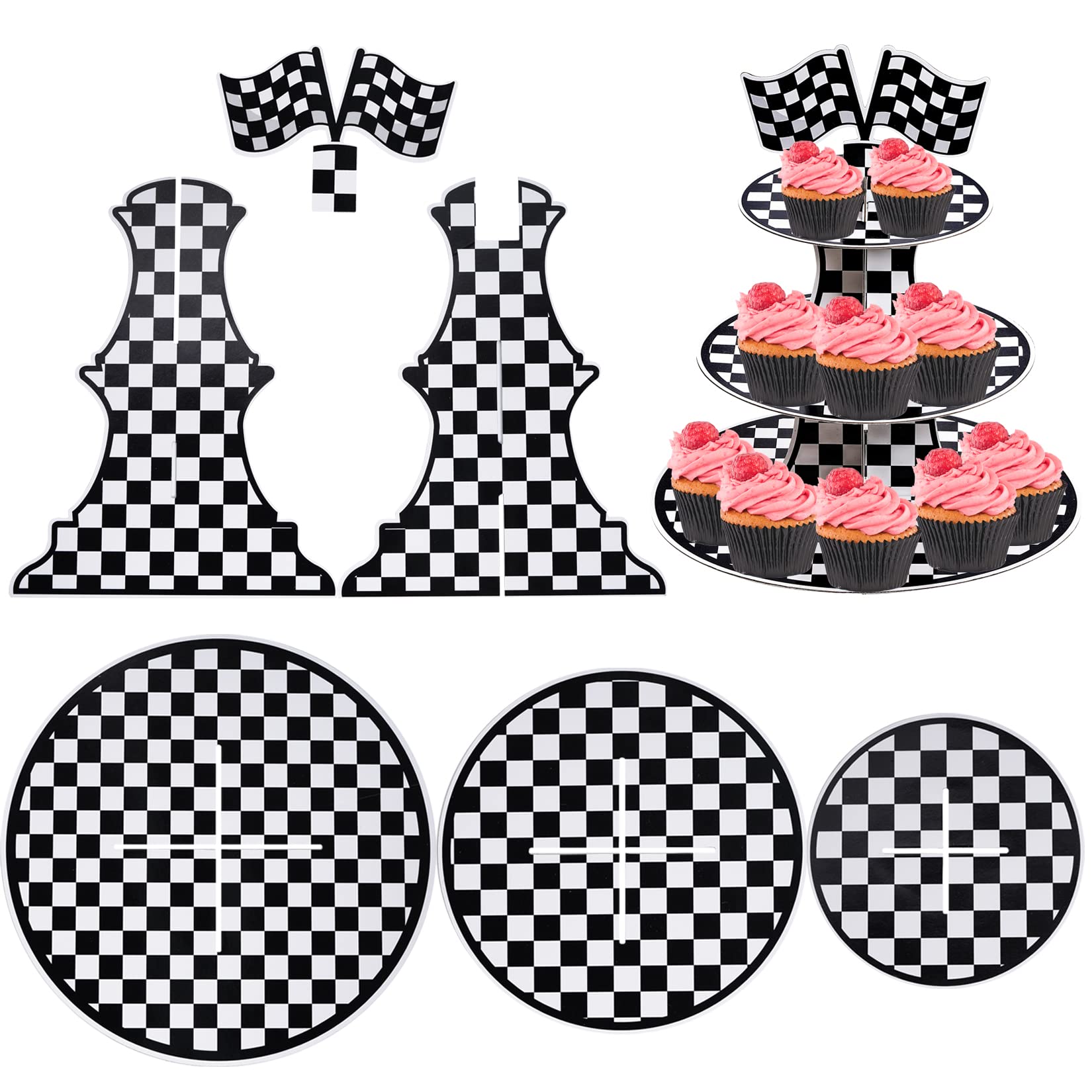 Hmxpls checkered cupcake stand face view showcases stable three-tier construction.