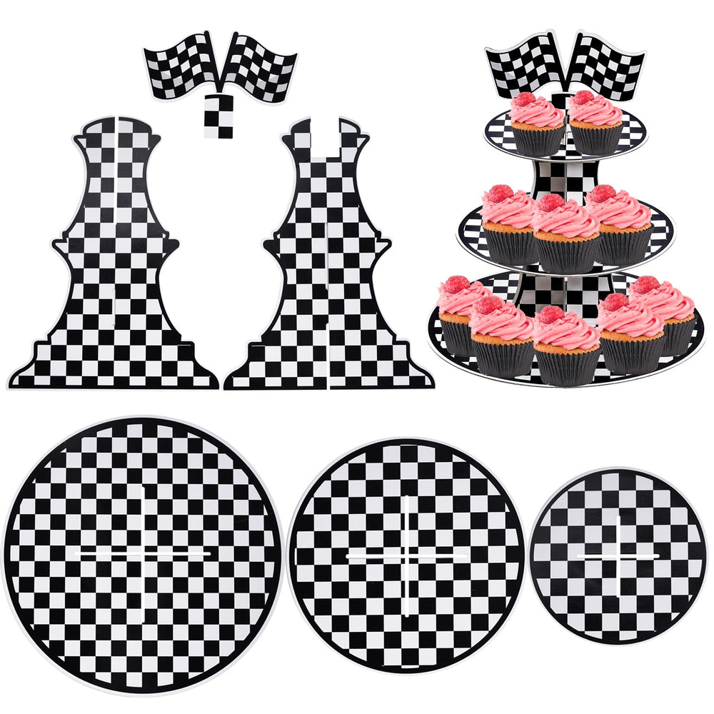 Hmxpls checkered cupcake stand face view showcases stable three-tier construction.