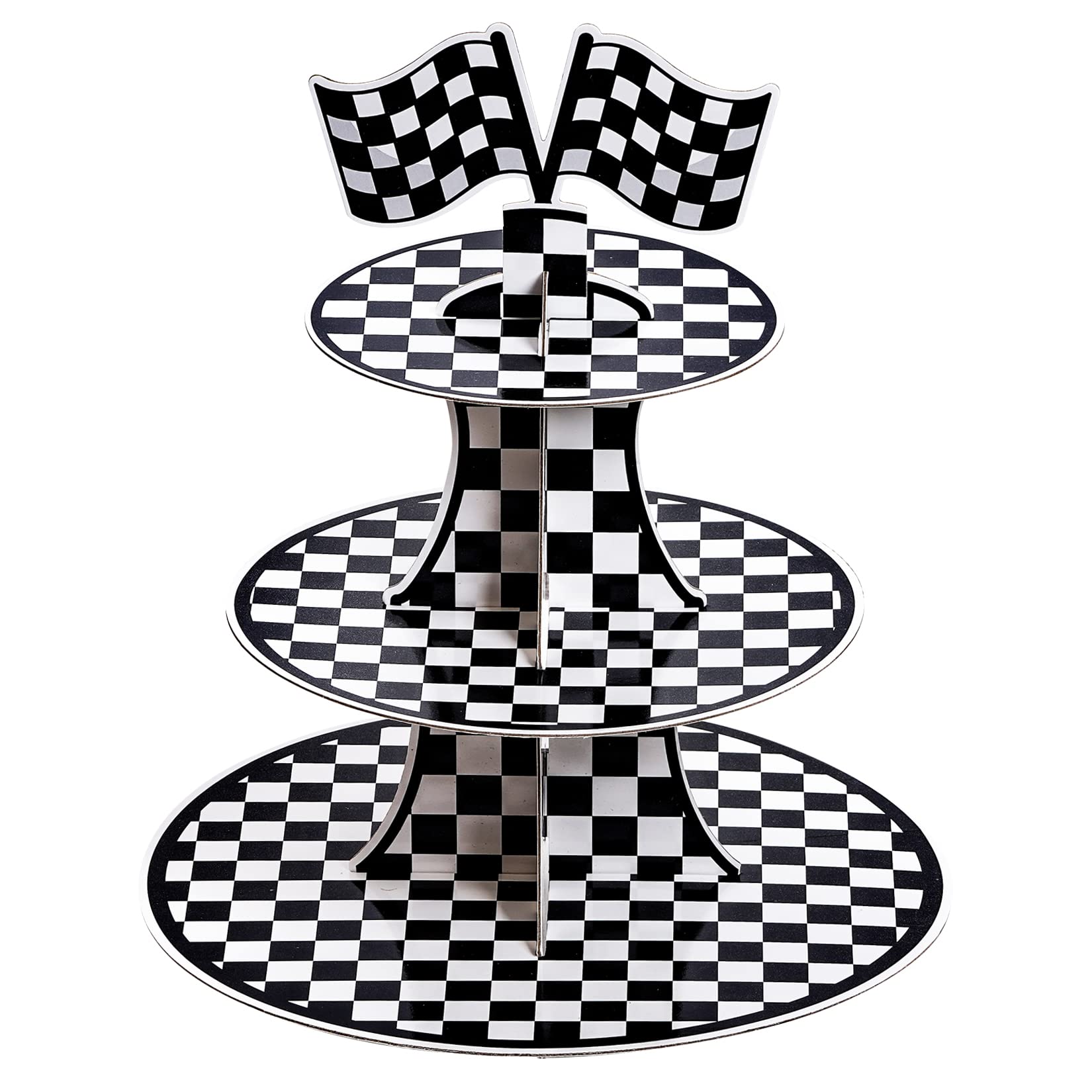 Hmxpls racing car stand top tier view displaying cupcakes on a sturdy triple-tier setup.
