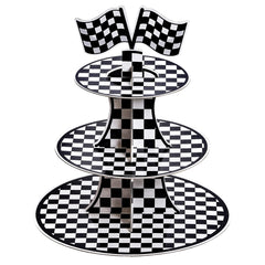 Hmxpls racing car stand top tier view displaying cupcakes on a sturdy triple-tier setup.