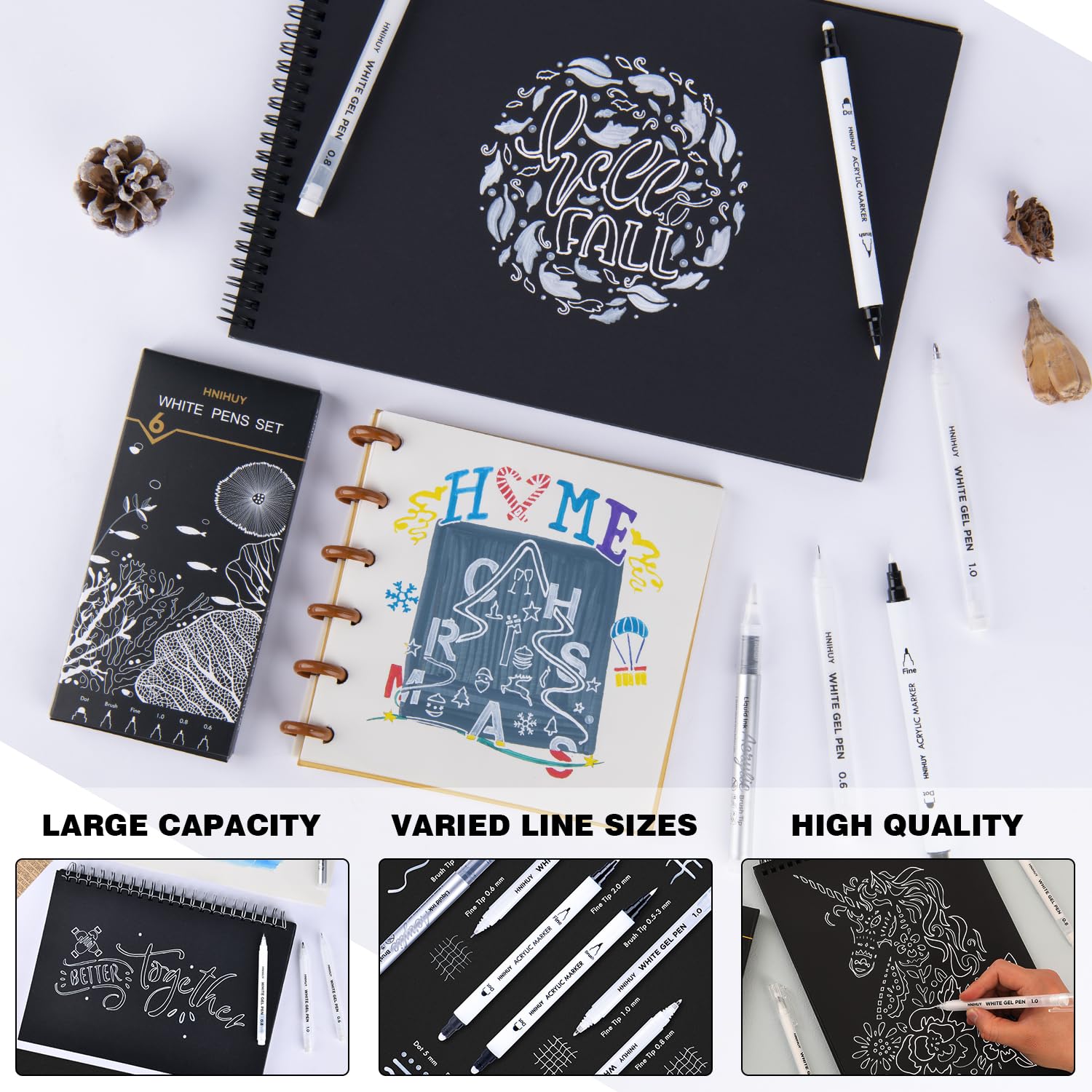 HNIHUY white gel pen 0.8mm tip for smooth mid-line work on crafts.