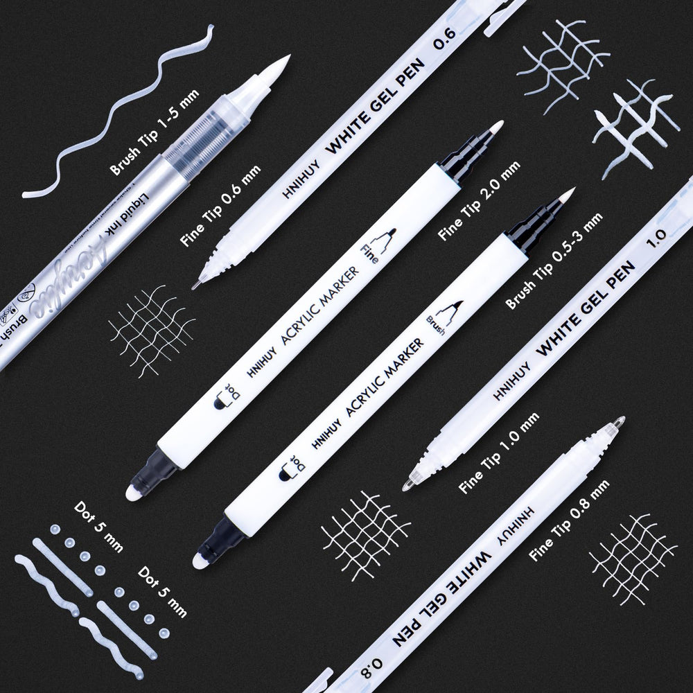 HNIHUY white gel pen 1mm tip for precise lines on dark media.