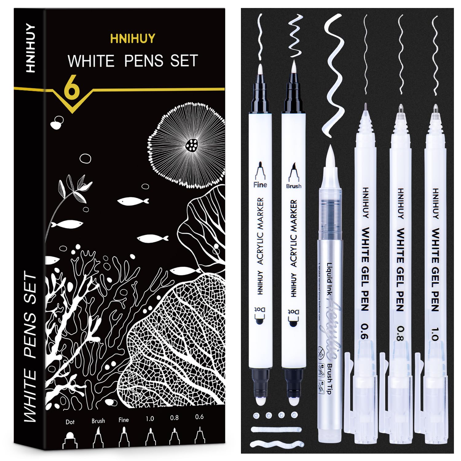 HNIHUY white ink pens 6-pack on black paper for bold highlights and crisp details.