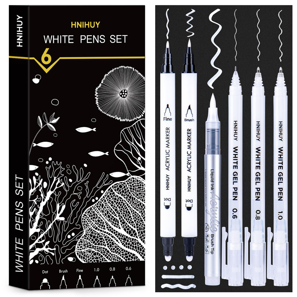 HNIHUY white ink pens 6-pack on black paper for bold highlights and crisp details.