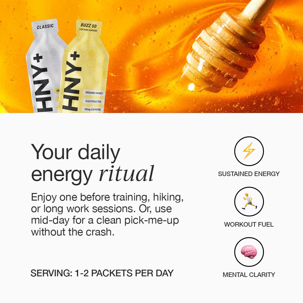 HNY+ Buzz energy gel ingredients list highlighting clean, natural components.