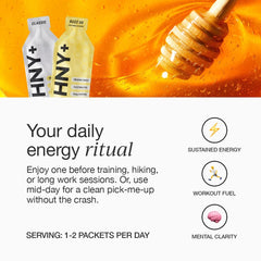 HNY+ Buzz energy gel ingredients list highlighting clean, natural components.