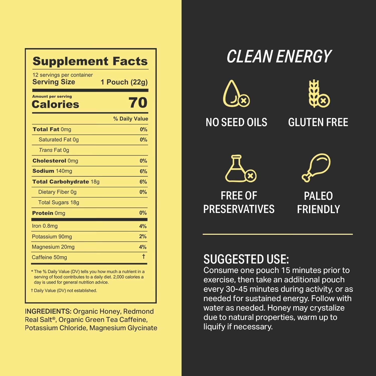 HNY+ Buzz energy gel label with organic honey and electrolyte info.