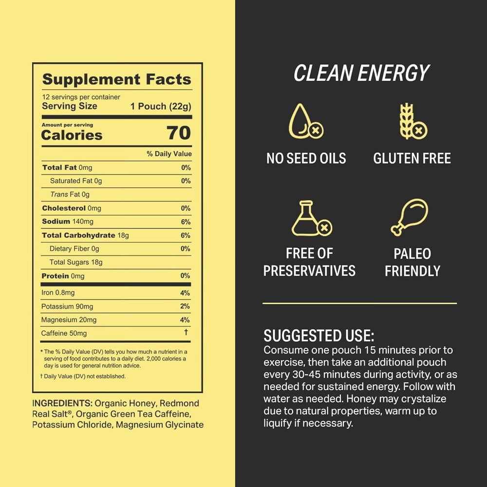 HNY+ Buzz energy gel label with organic honey and electrolyte info.