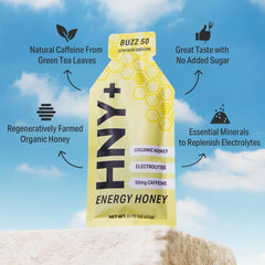 HNY+ Buzz energy gel texture showing smooth jelly consistency.