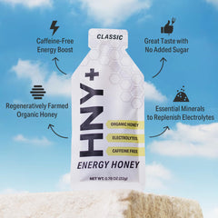 HNY+ organic honey texture close-up emphasizes natural sweetness and pure ingredients.