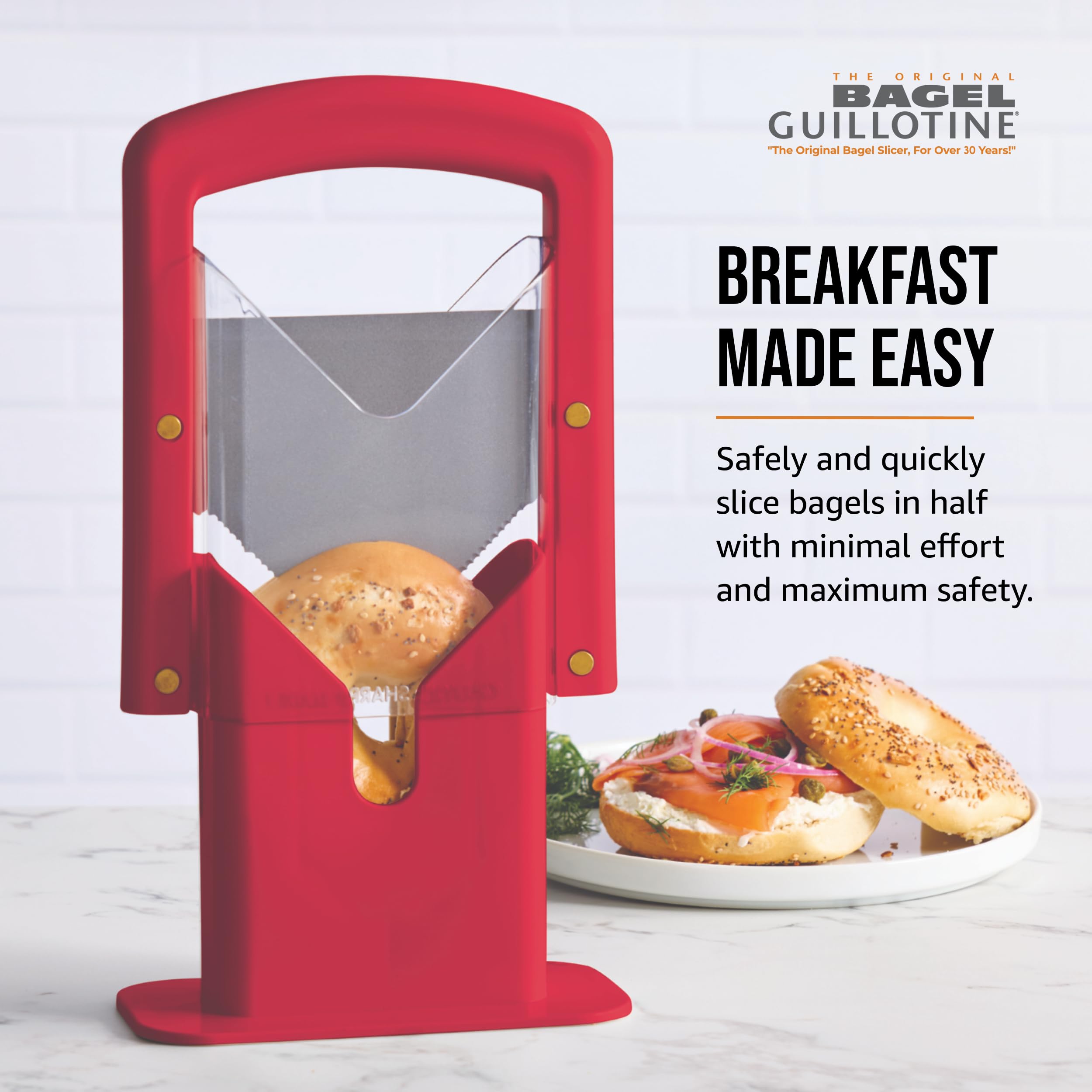 Hoan bagel guillotine safety shield protects fingers during use.