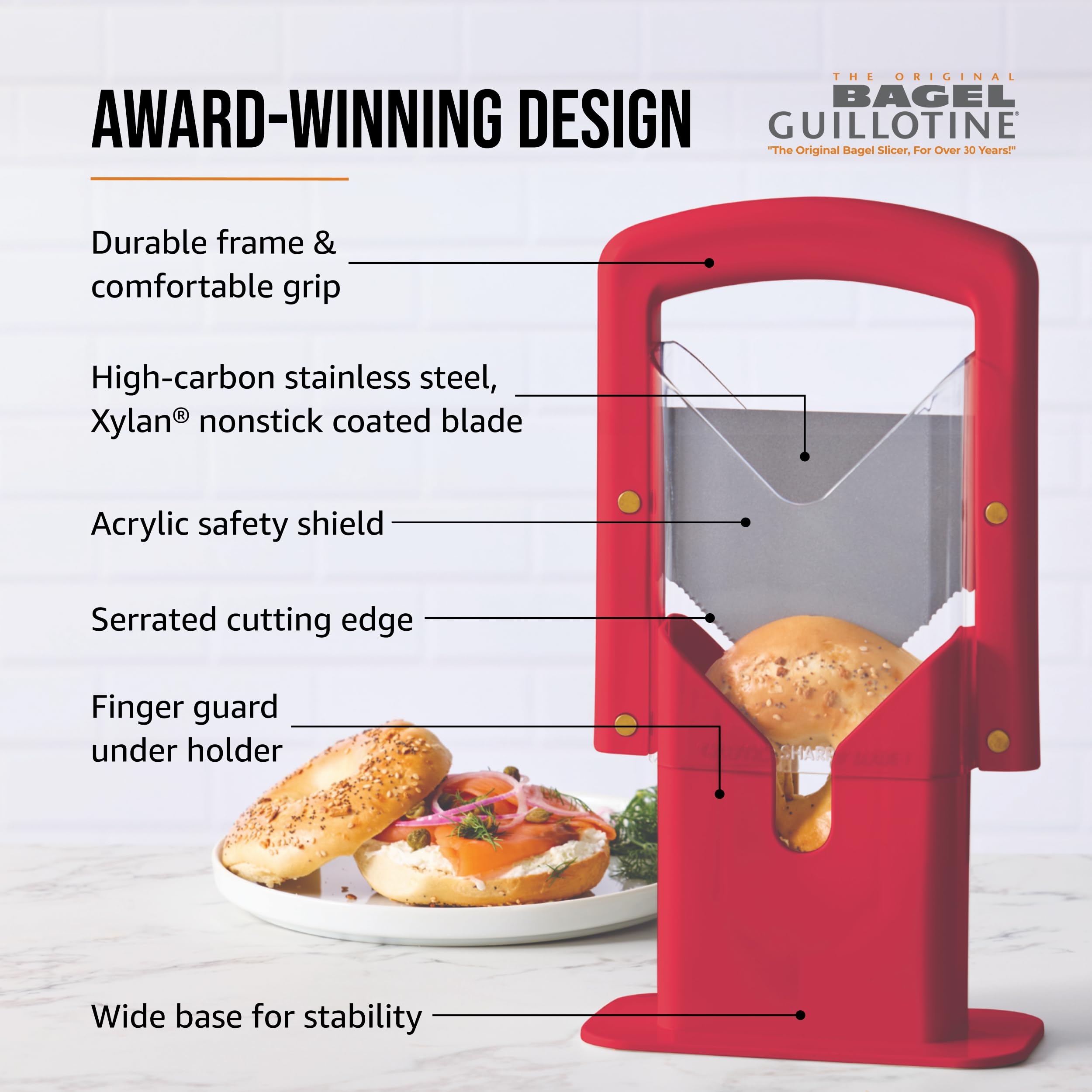 Hoan bagel guillotine accommodates bagels, buns, and muffins of various sizes.