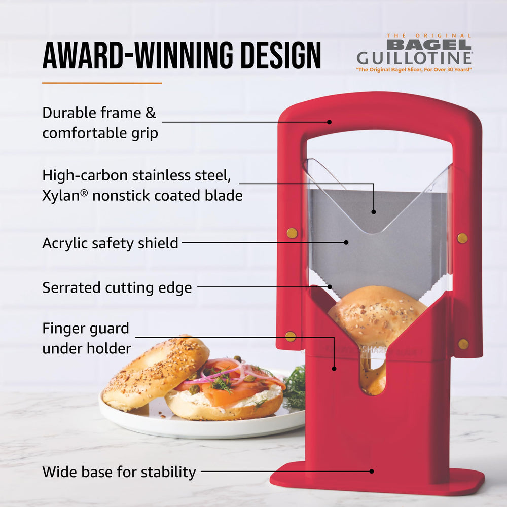 Hoan bagel guillotine accommodates bagels, buns, and muffins of various sizes.