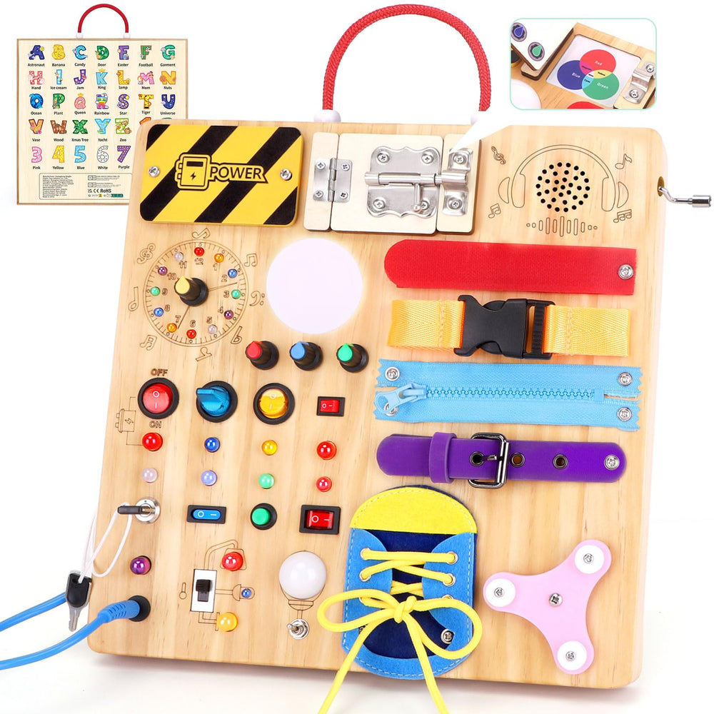 Hoarosall 23-in-1 Montessori busy board with LED lights for interactive play and fine motor skills.
