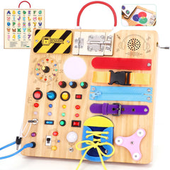 Hoarosall 23-in-1 Montessori busy board with LED lights for interactive play and fine motor skills.