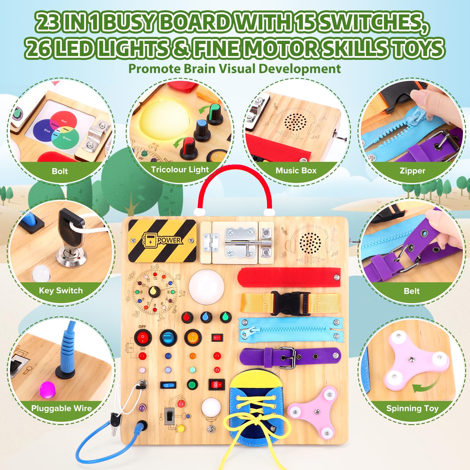 Hoarosall switches and latches promote hand-eye coordination during safe exploration.