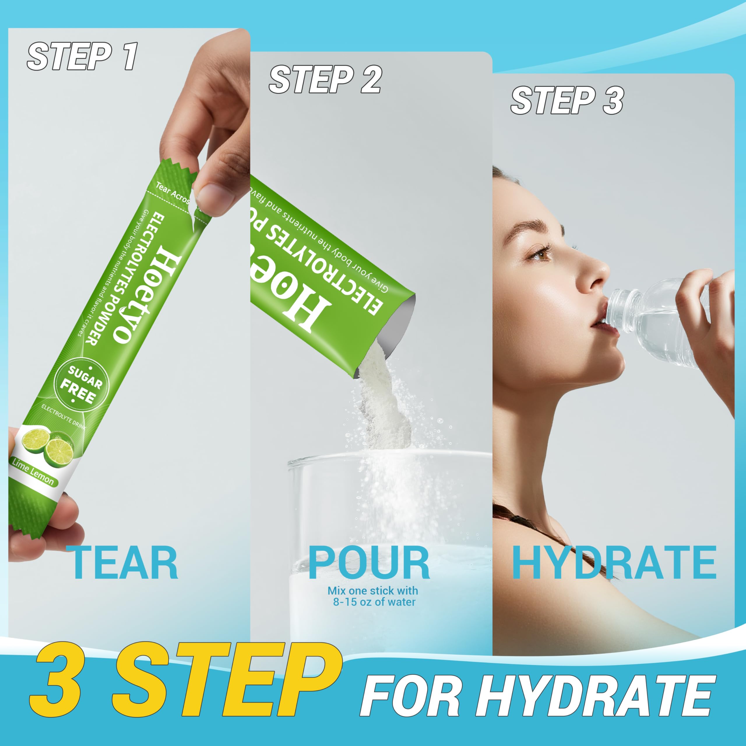 HOETYO on-the-go pack beside your water bottle for travel-friendly hydration