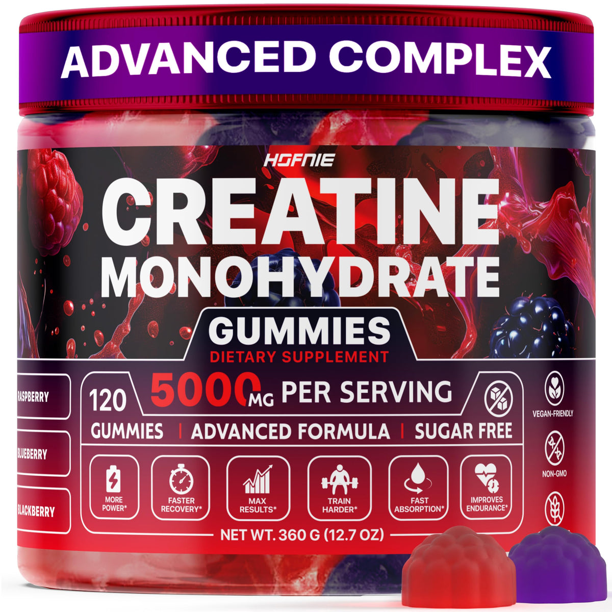Hofnie Creatine Monohydrate Gummies bottle shows convenient daily energy support