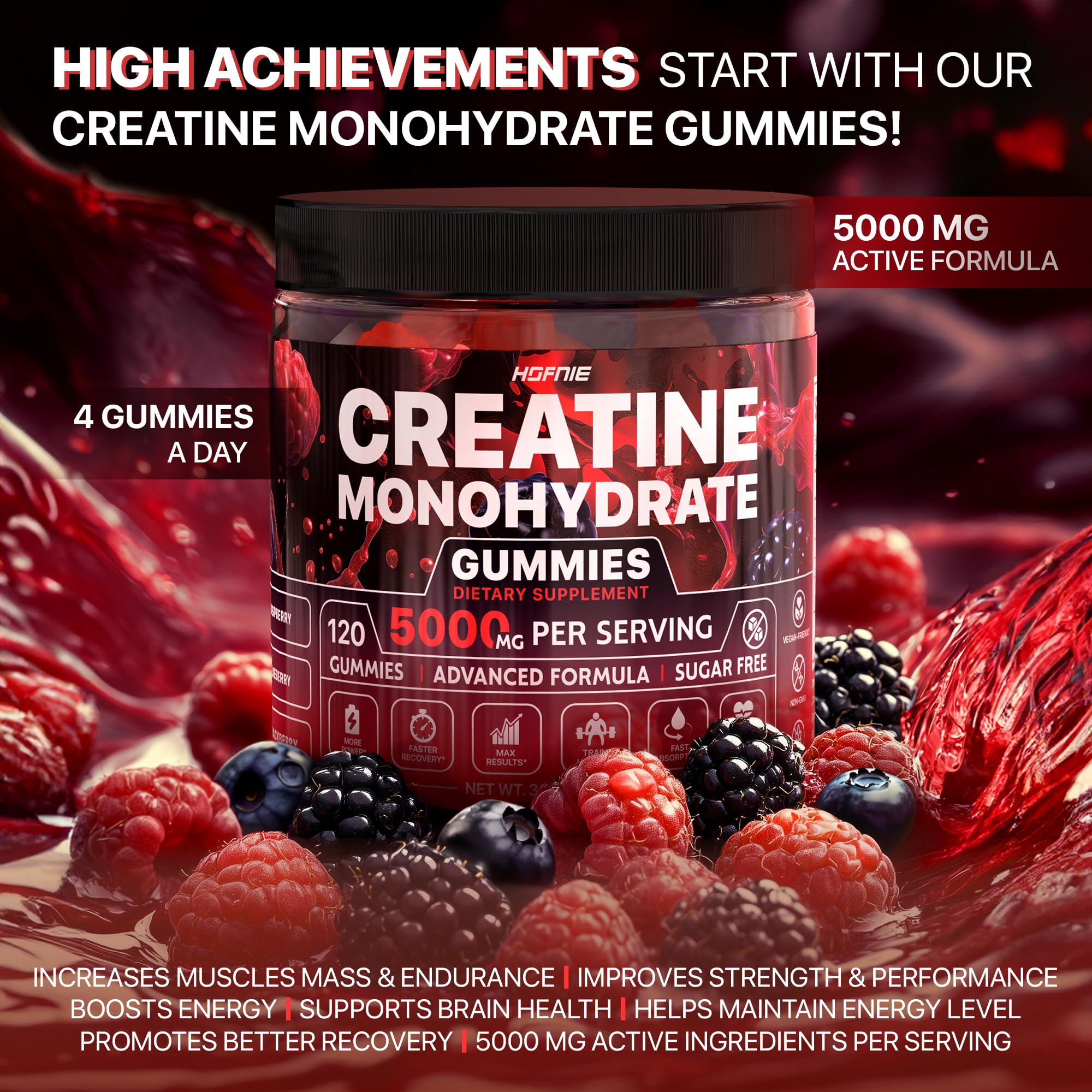 Hofnie raspberry blackberry gummies close-up emphasizes vegan, sugar-free sweetness