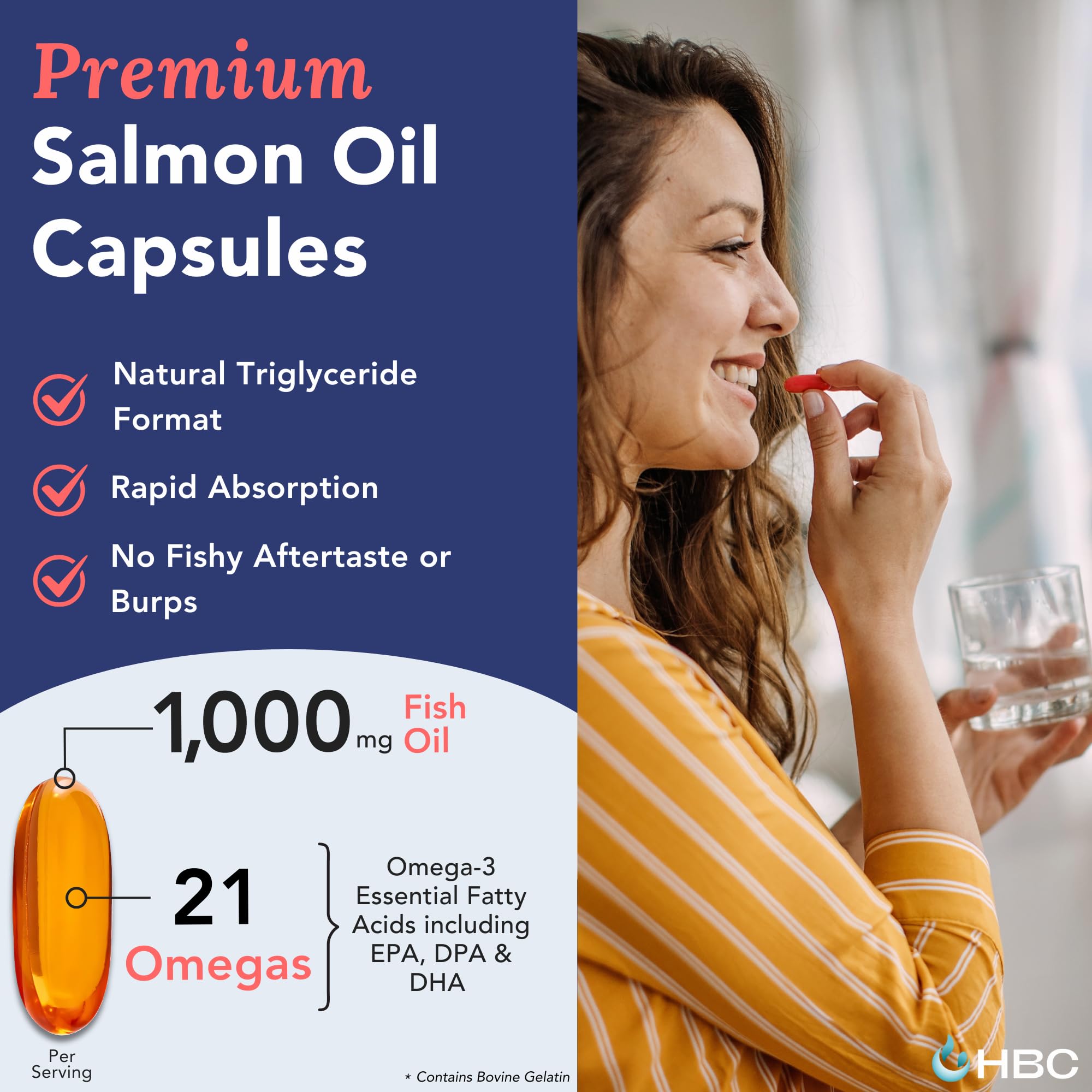 Hofseth BioCare Norwegian salmon oil label emphasizing EPA and DHA for heart and brain support.