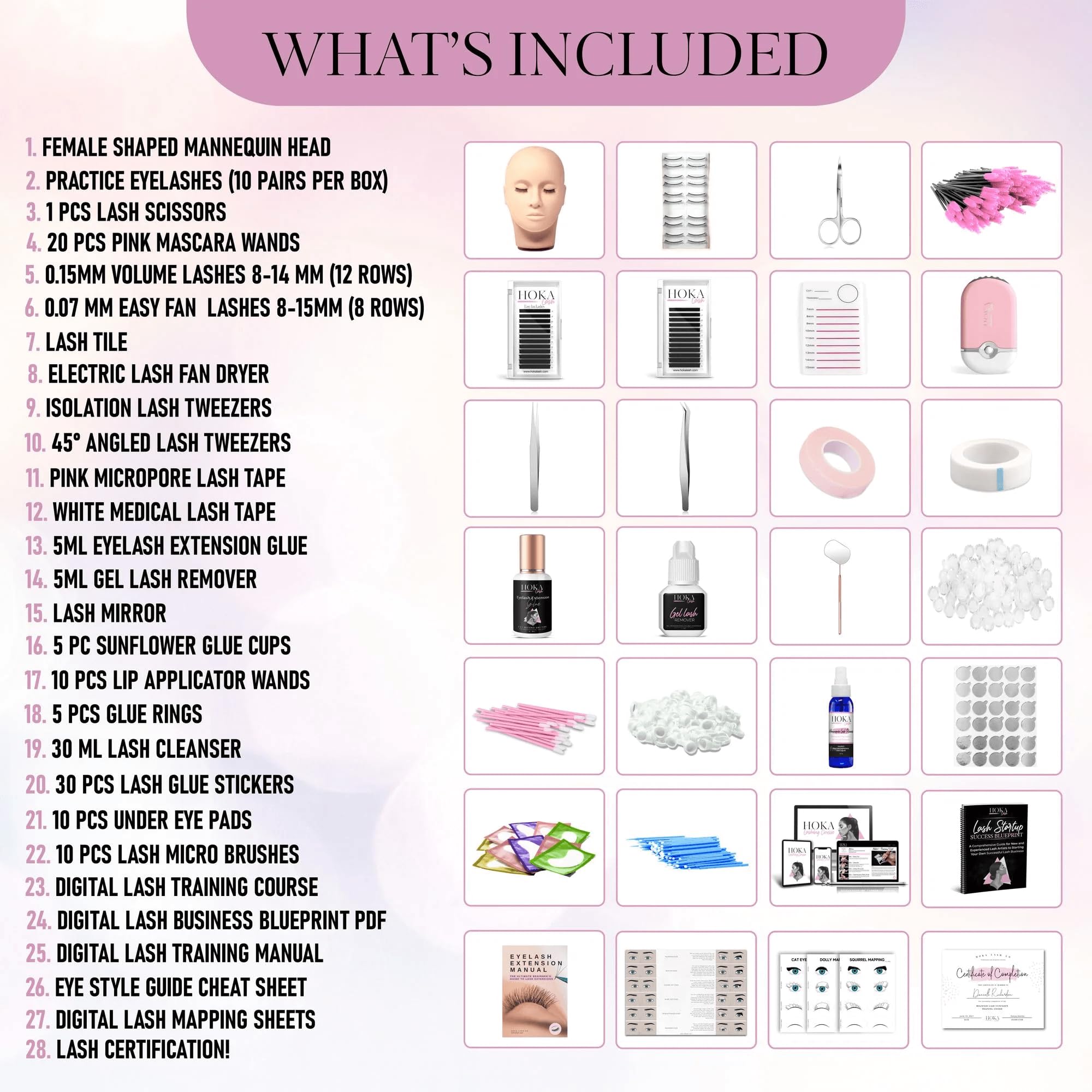 HOKA Lash Extension Kit training materials and certificate for career growth