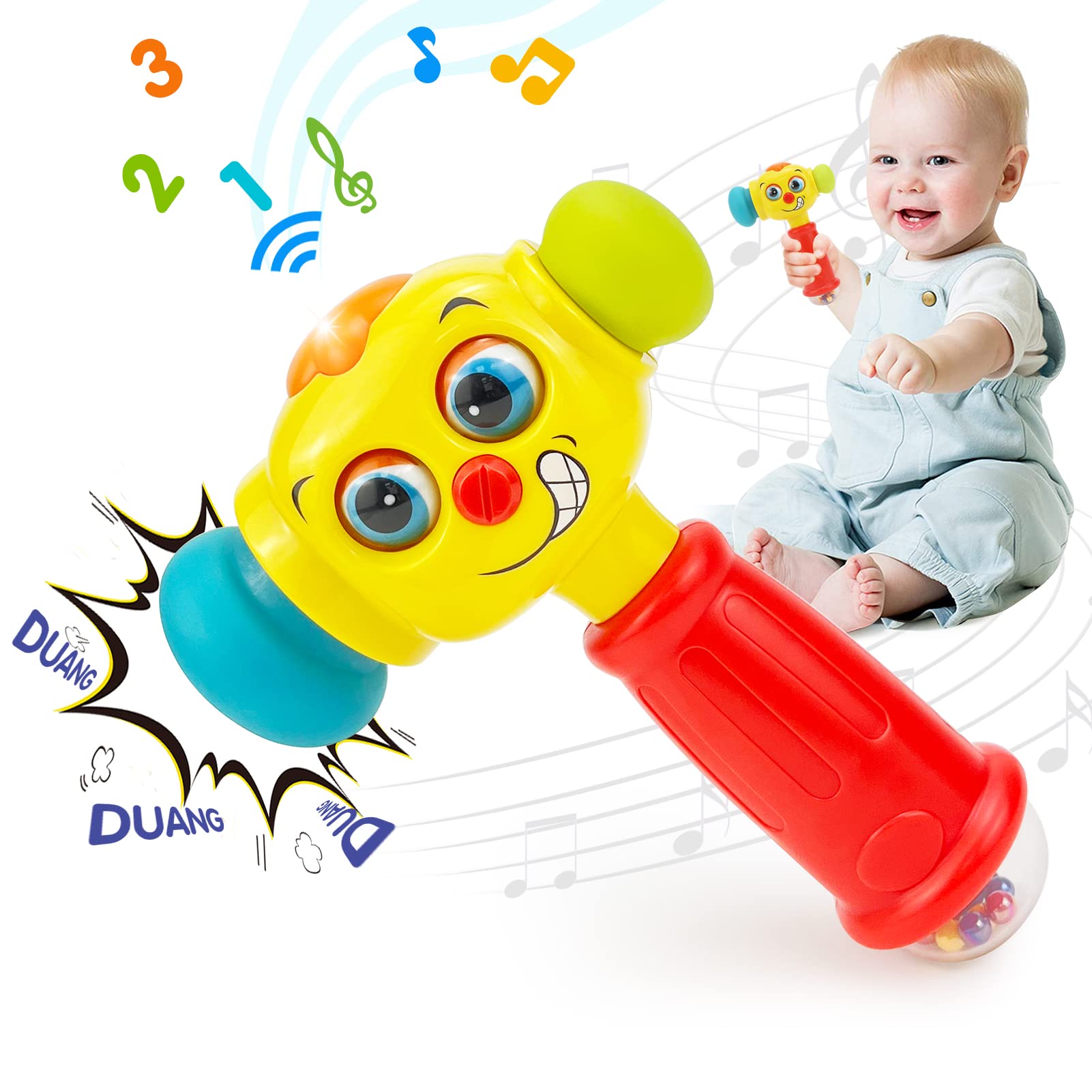 Hola hammer toy with top button lights up, inviting tactile play and cause-and-effect exploration.