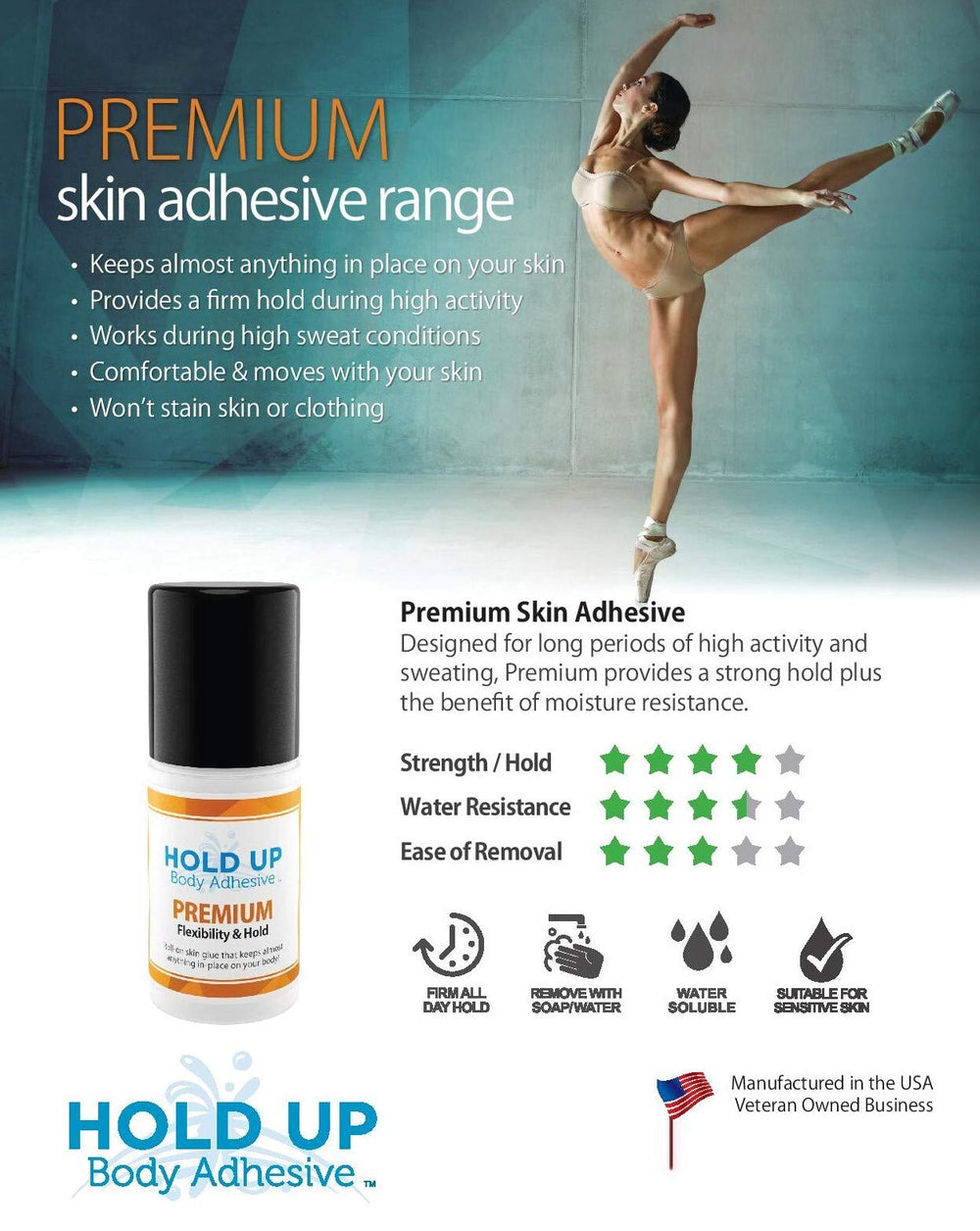 Hold Up Body Adhesive Premium skin-safe, hypoallergenic formula for comfortable wear.