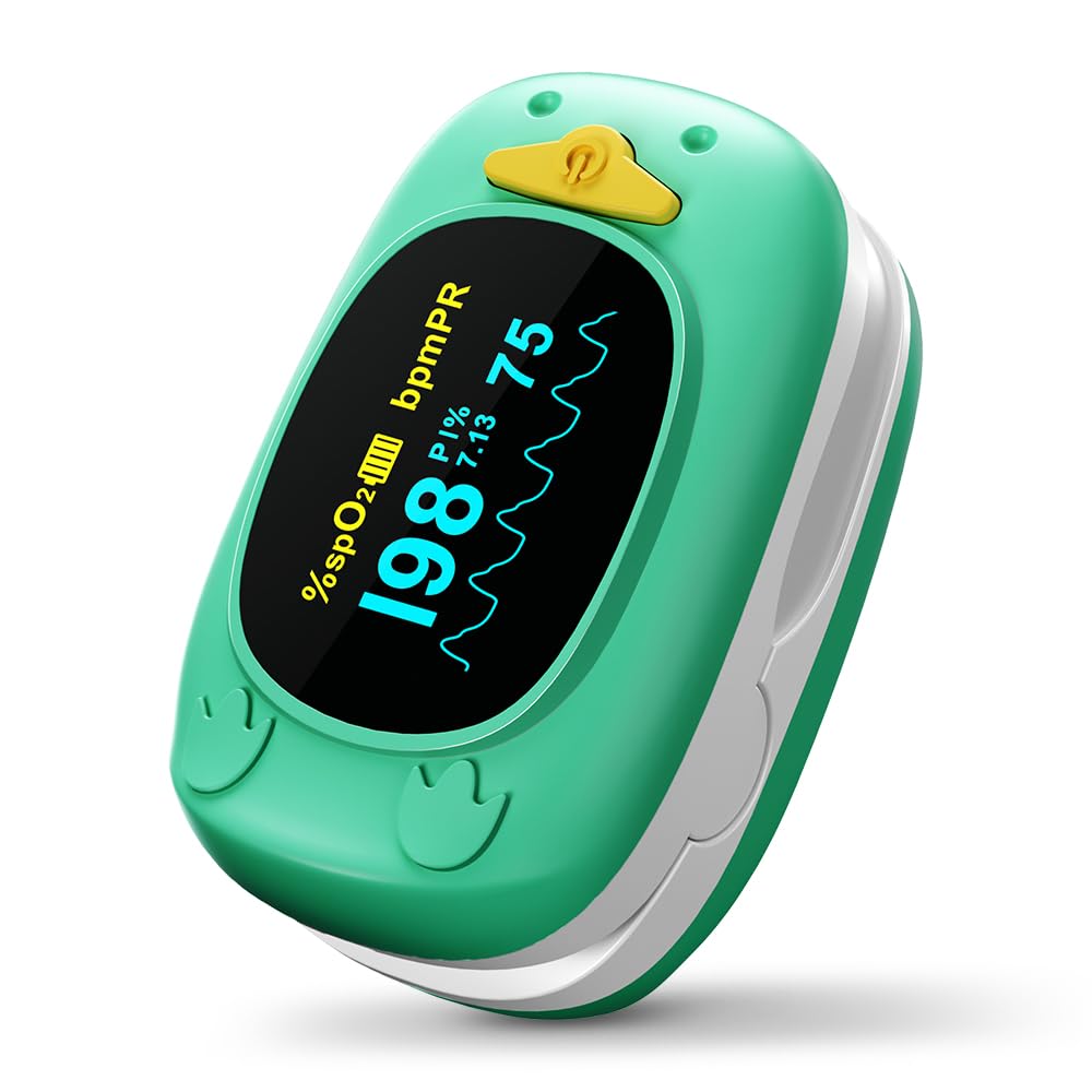 HOLFENRY Kids Pulse Oximeter front view shows pediatric-friendly size for quick readings.