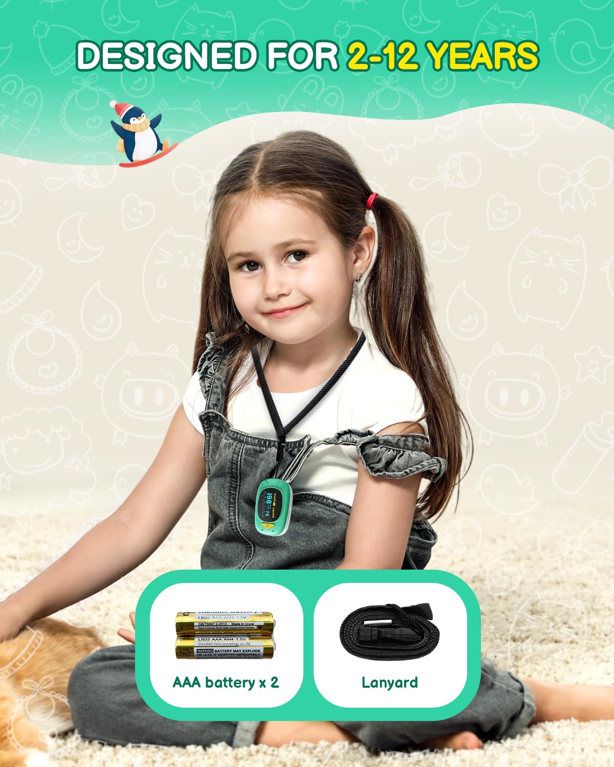 HOLFENRY Pulse Oximeter on finger demonstrates secure, comfortable fit for home use.