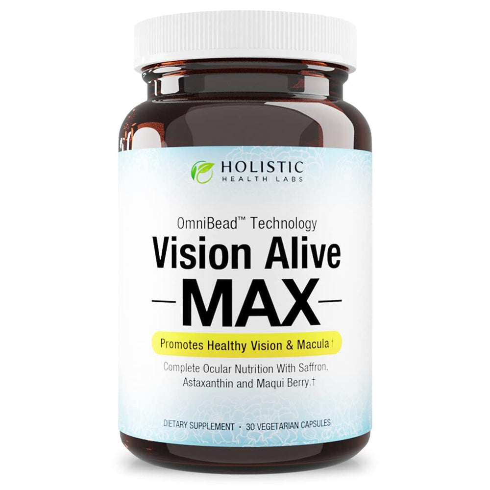 Holistic Health Labs Vision Alive Max bottle front view highlighting eye support nutrients.