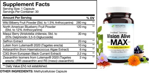 Vision Alive Max capsules close-up emphasizing antioxidant-rich plant ingredients.