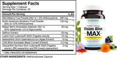 Vision Alive Max capsules close-up emphasizing antioxidant-rich plant ingredients.
