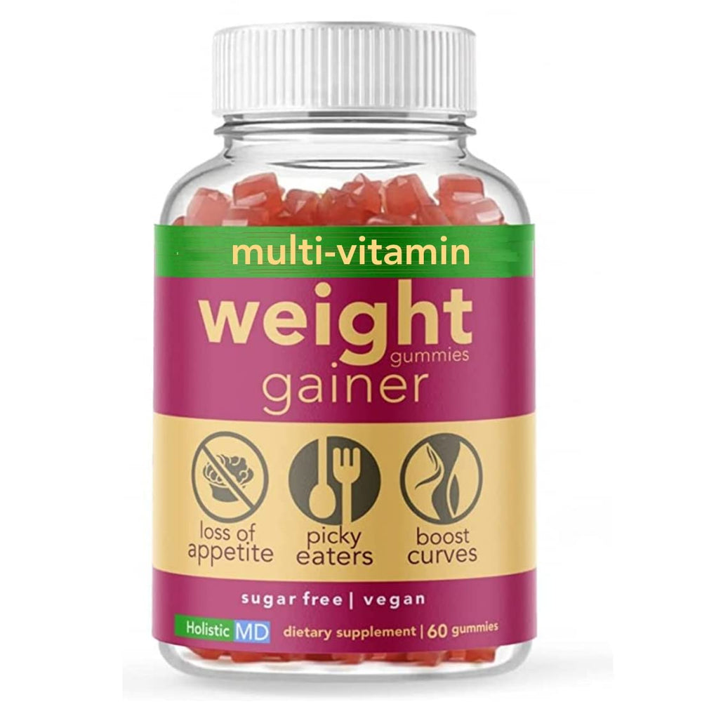 Holistic MD Gainer Gummies bottle front label, 60-count vegan, non-GMO supplement.
