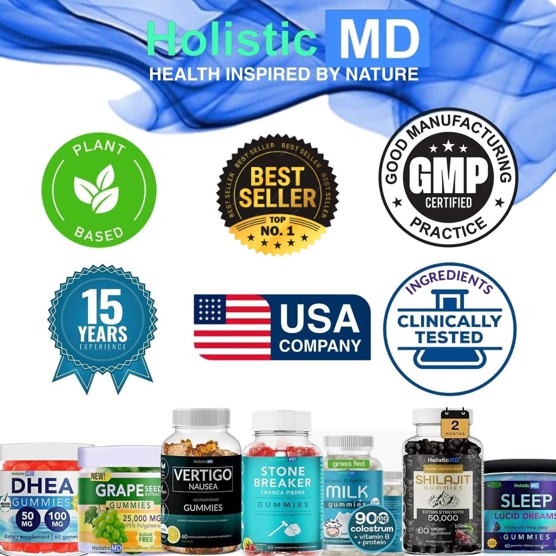 Holistic MD Gainer Gummies vegan non-GMO seal for clean wellness.