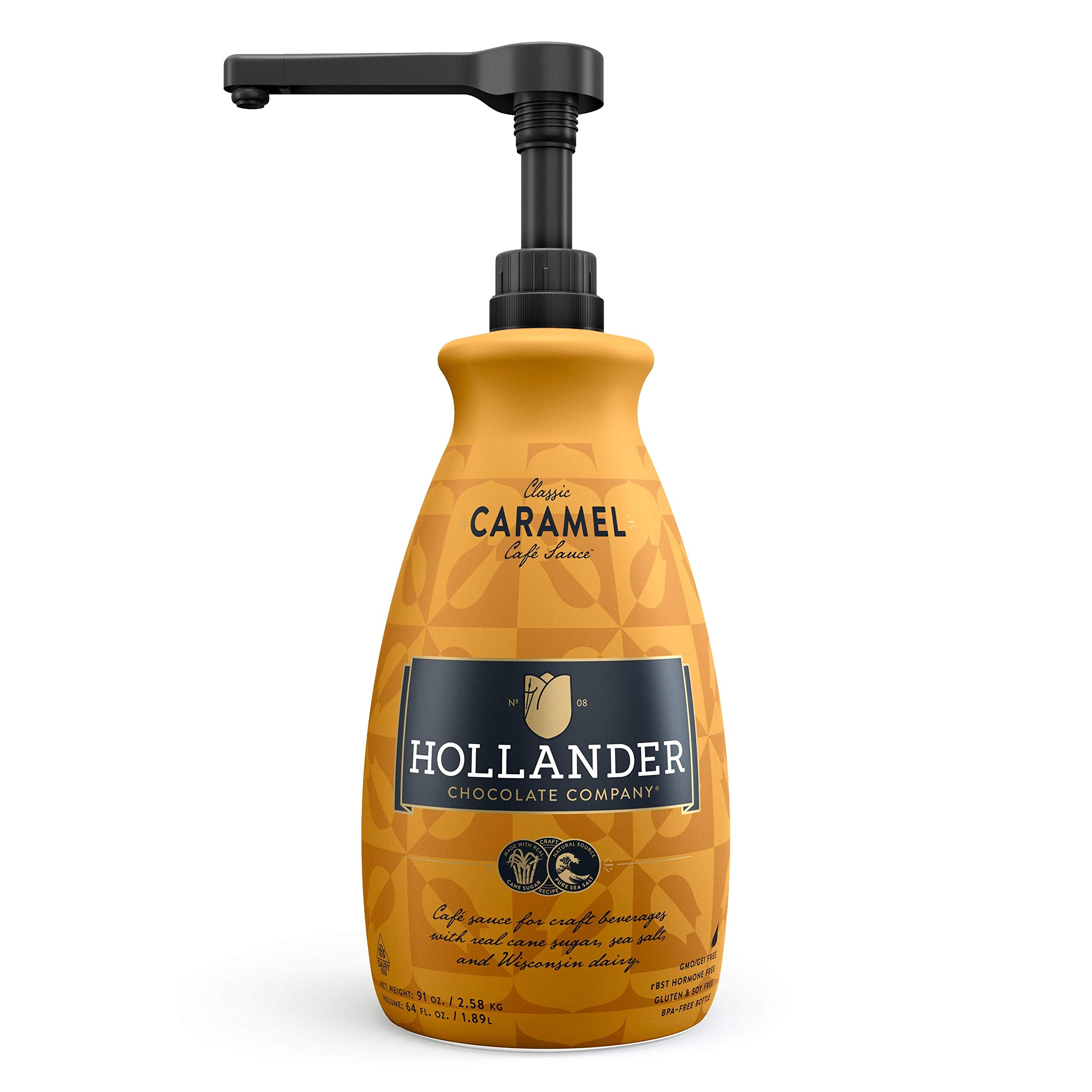 Hollander Classic Caramel Sauce bottle with pump for easy topping and barista-quality sweetness.