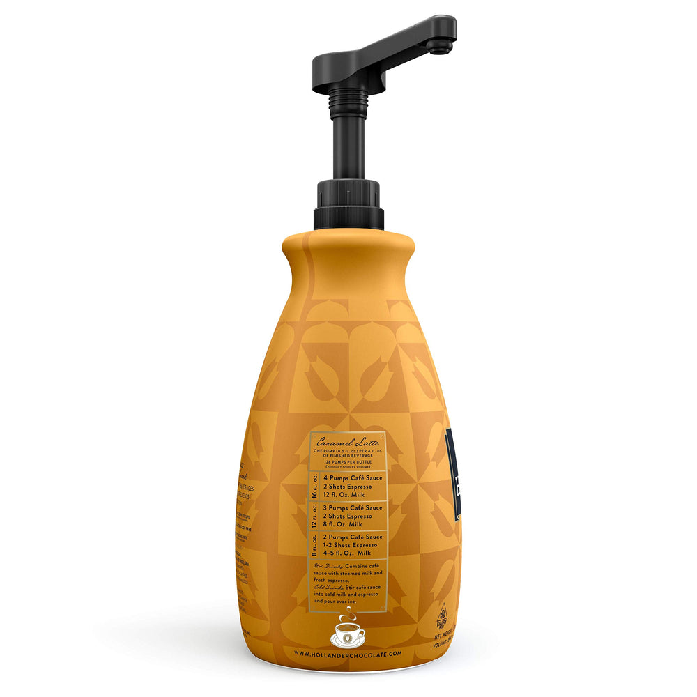 Pouring Hollander caramel sauce over a drink for a smooth caramel finish.