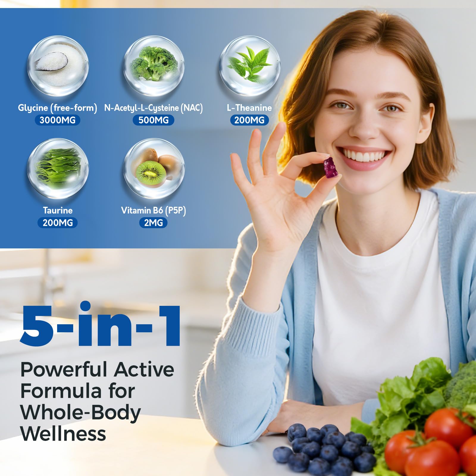 HOLLEGEND Glycine 3g gummies on shelf shows convenient 1-month supply.