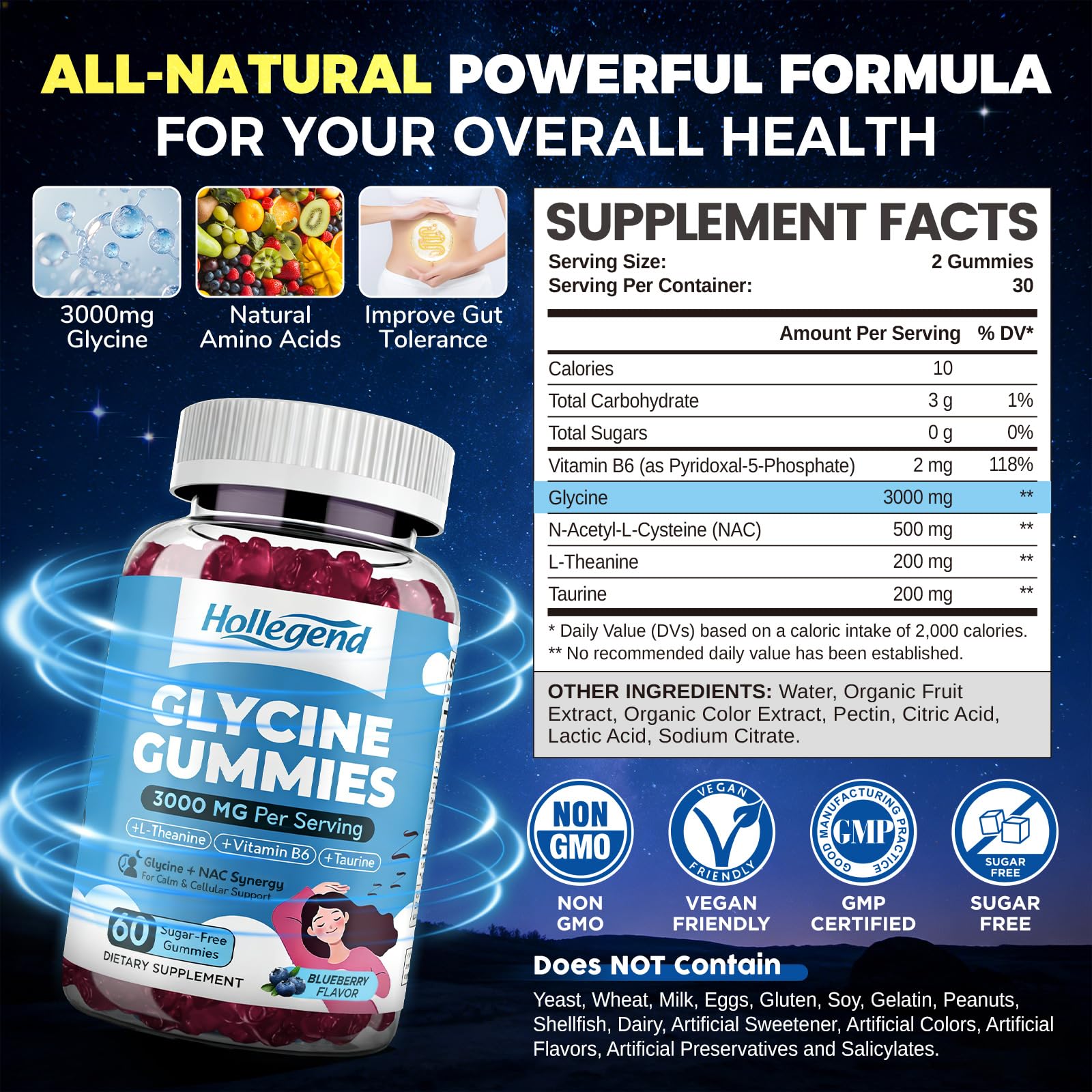HOLLEGEND Glycine 3g gummies closeup highlights blueberry flavor and gentle digestion.